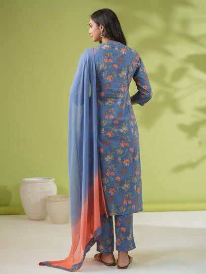 Janasya Straight Cambric Blue Floral Band Collar Kurta Set