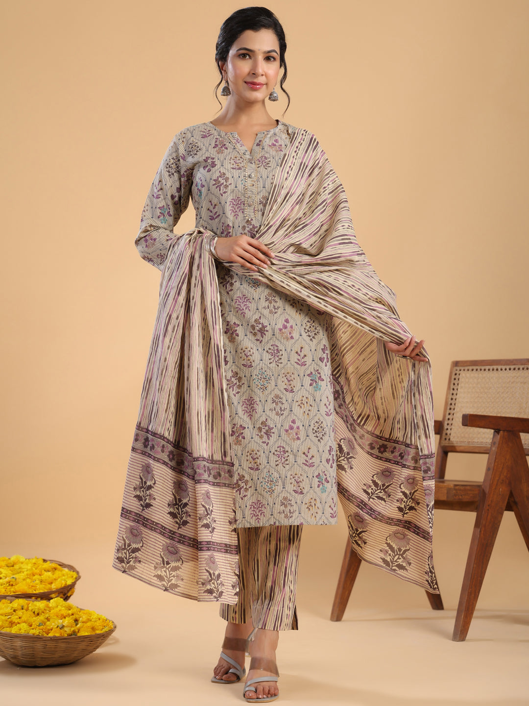 Janasya Regular Cotton Cream Floral Notch Neck Kurta,Bottom & Dupatta