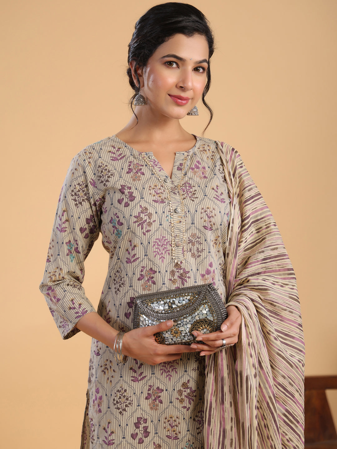 Janasya Regular Cotton Cream Floral Notch Neck Kurta,Bottom & Dupatta