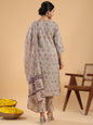 Janasya Regular Cotton Cream Floral Notch Neck Kurta,Bottom & Dupatta