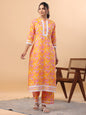 Janasya Straight Cambric Orange Floral Band Collar Kurta & Bottom