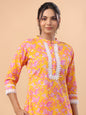 Janasya Straight Cambric Orange Floral Band Collar Kurta & Bottom