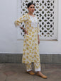 Janasya Straight Cambric Off White Floral Notch Neck Kurta & Bottom