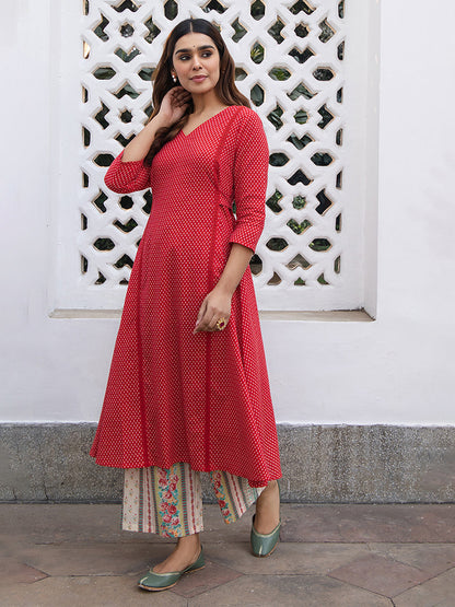 Janasya Dark Cotton Ethnic Motifs A-Line Kurta Set
