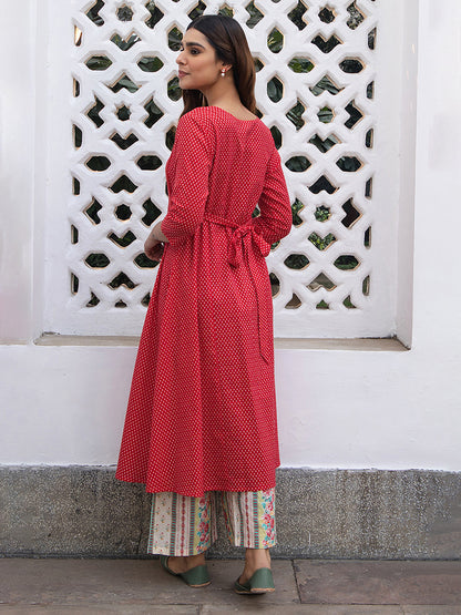 Janasya Dark Cotton Ethnic Motifs A-Line Kurta Set