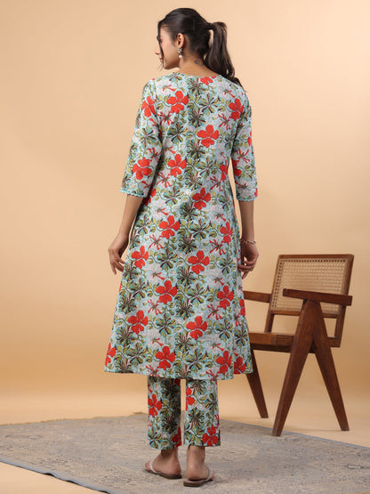Janasya A-Line Cambric Blue Floral V-Neck Kurta & Bottom