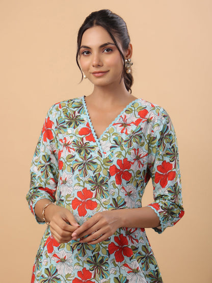 Janasya A-Line Cambric Blue Floral V-Neck Kurta & Bottom