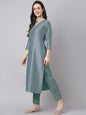 Janasya Regular Chinnon Ice Blue Embroidered V-Neck Kurta,Bottom & Dupatta