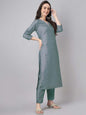 Janasya Regular Chinnon Ice Blue Embroidered V-Neck Kurta,Bottom & Dupatta