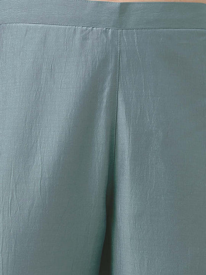 Janasya Regular Chinnon Ice Blue Embroidered V-Neck Kurta,Bottom & Dupatta