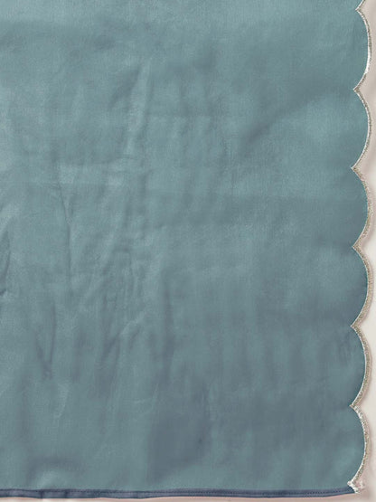 Janasya Regular Chinnon Ice Blue Embroidered V-Neck Kurta,Bottom & Dupatta