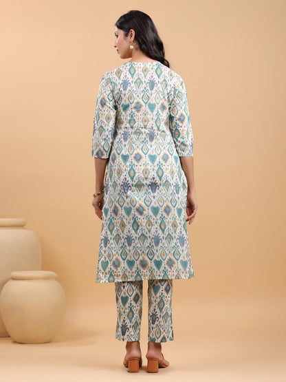 Janasya Light Cotton Ikkat Straight Kurta Set