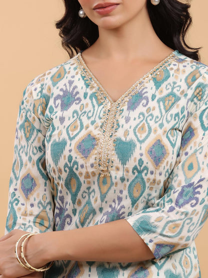 Janasya Light Cotton Ikkat Straight Kurta Set