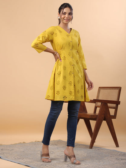 Janasya Mustard Cotton Schiffli A-Line Tunic