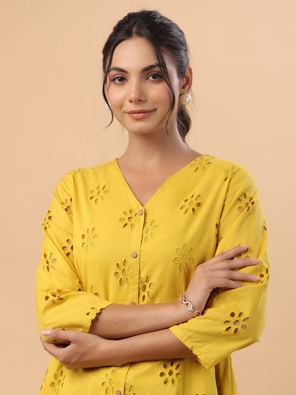 Janasya Mustard Cotton Schiffli A-Line Tunic