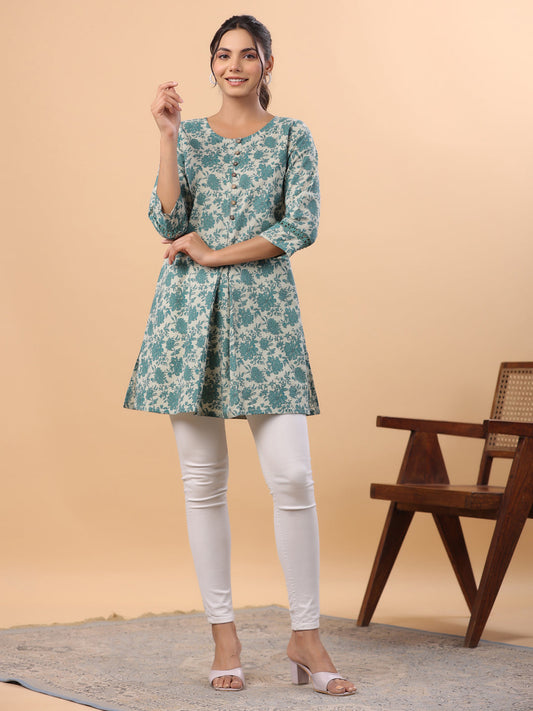 Janasya A-Line Cambric Sage Floral Round Neck Tunic