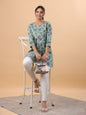 Janasya A-Line Cambric Sage Floral Round Neck Tunic