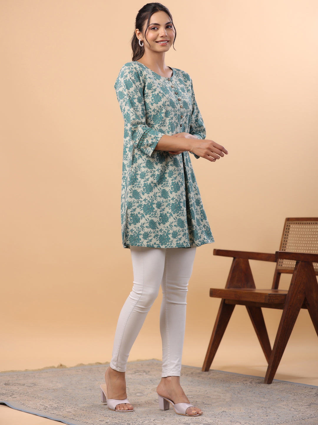 Janasya Light Cotton Floral A-Line Tunic