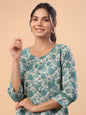 Janasya A-Line Cambric Sage Floral Round Neck Tunic