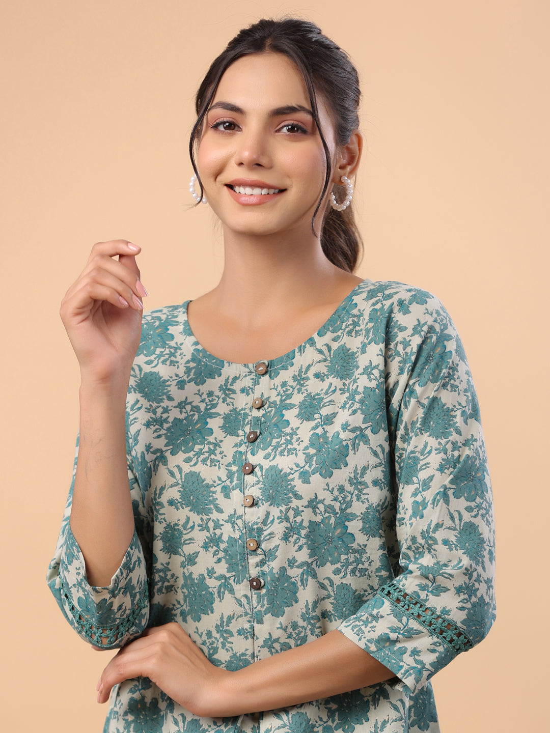 Janasya Light Cotton Floral A-Line Tunic