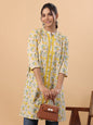 Janasya A-Line Cambric Beige Floral Band Collar Tunic
