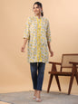 Janasya A-Line Cambric Beige Floral Band Collar Tunic