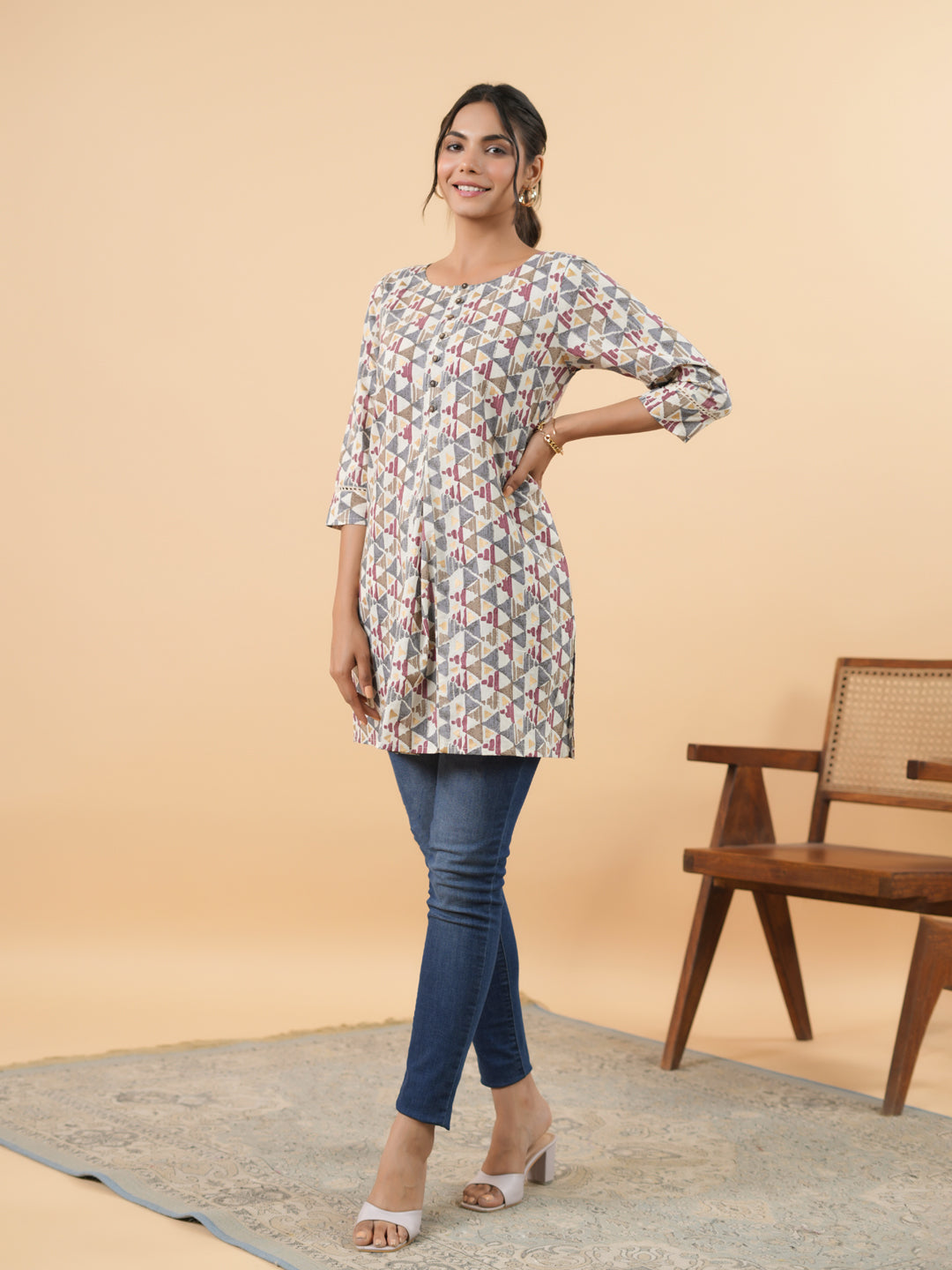 Janasya Off White Cambric Gemometric Tunic