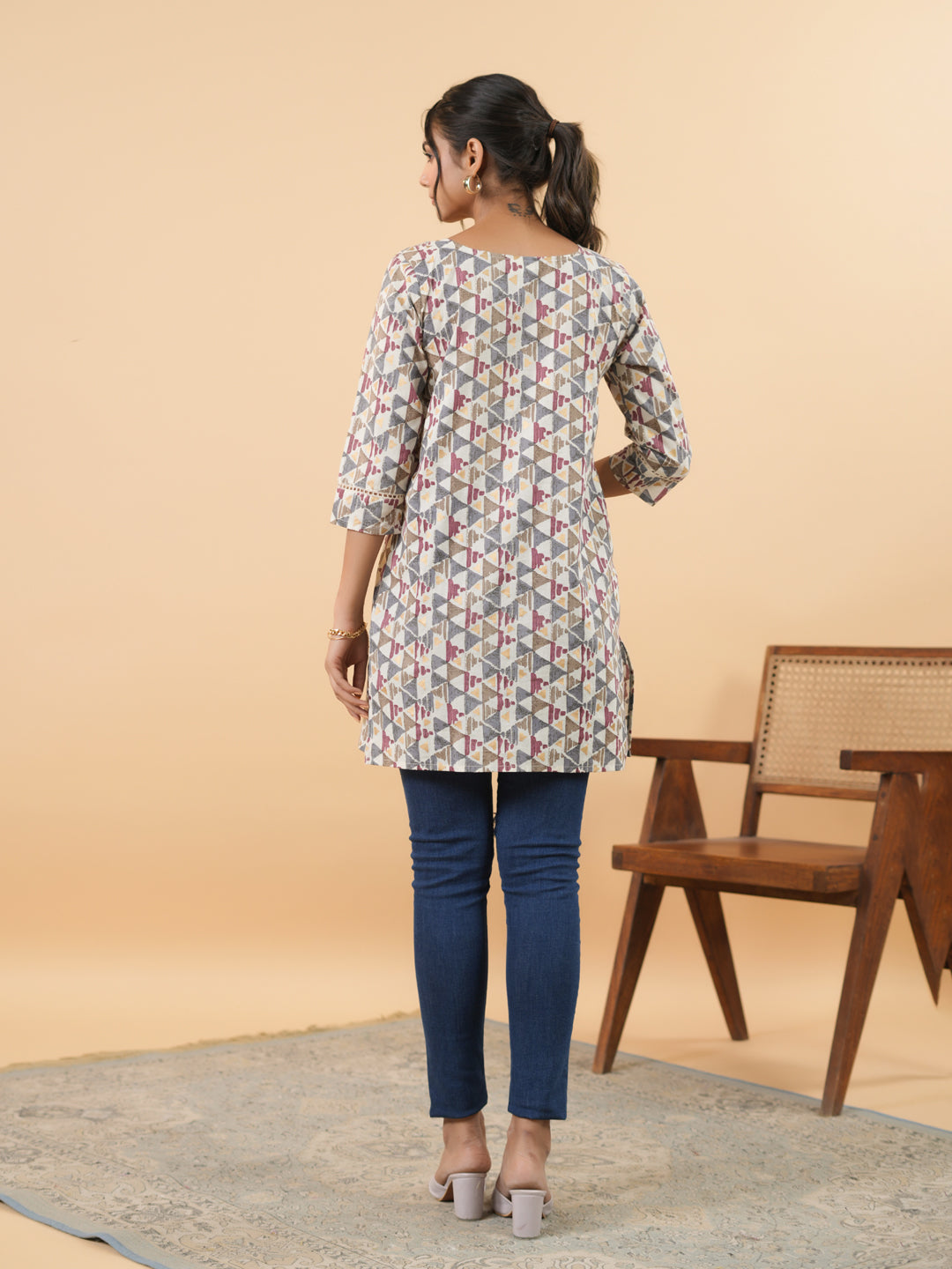 Janasya Off White Cambric Gemometric Tunic