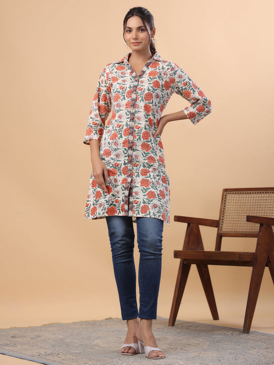 Janasya Regular Cambric Cream Floral Collar Tunic