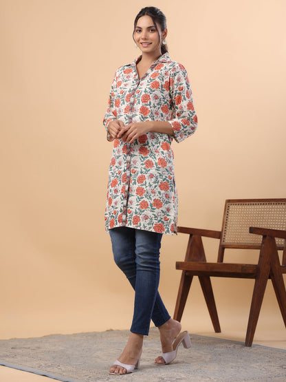 Janasya Regular Cambric Cream Floral Collar Tunic