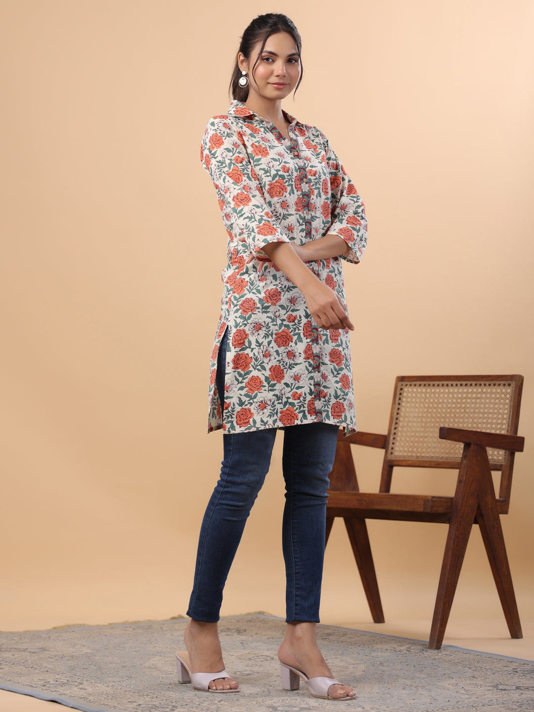 Janasya Cream Cambric Floral Tunic