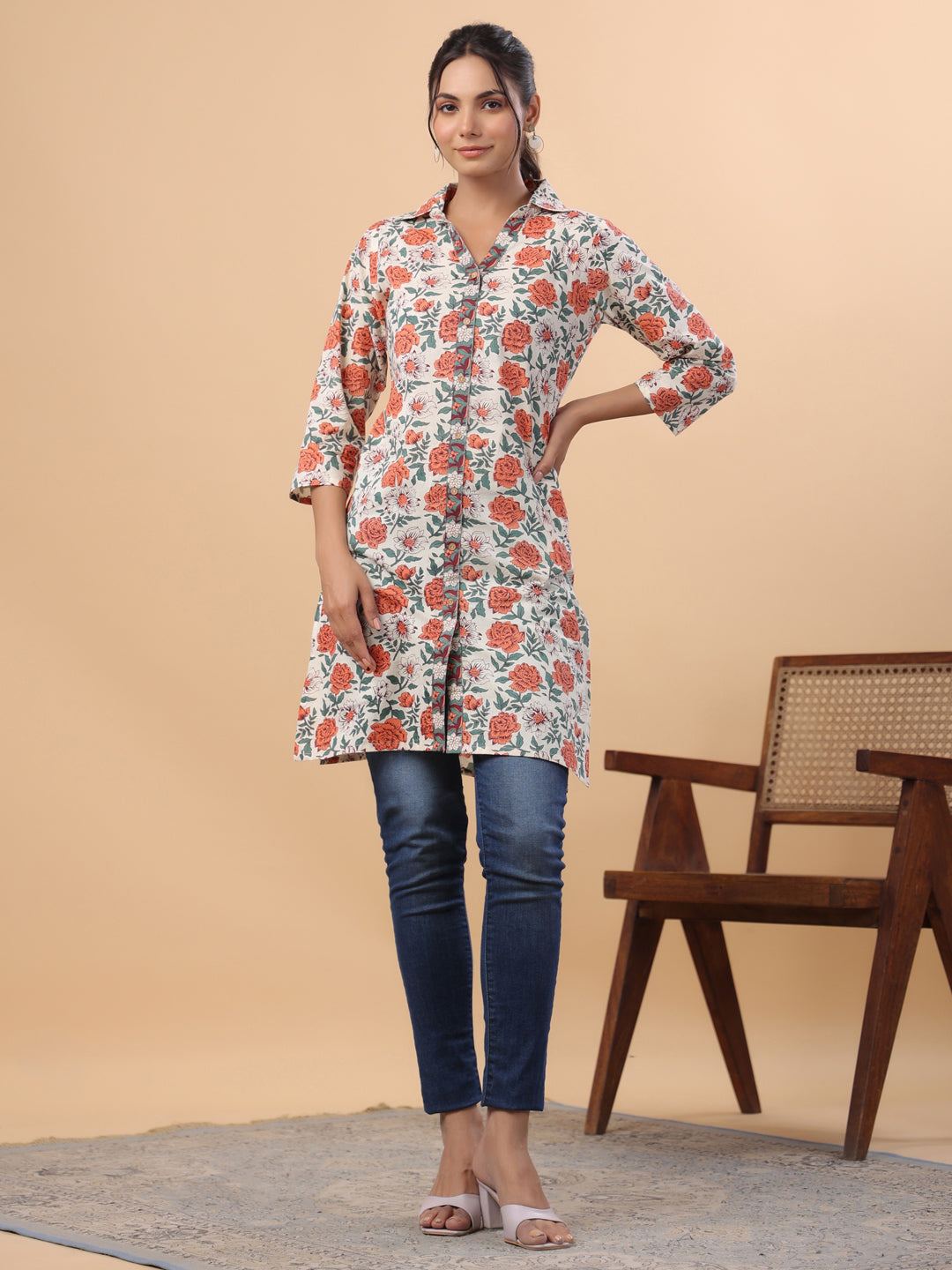 Janasya Cream Cambric Floral Tunic
