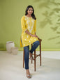 Janasya Straight Cotton Cambric Yellow Ethnic Motifs Round Neck Tunic