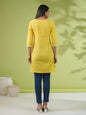 Janasya Straight Cotton Cambric Yellow Ethnic Motifs Round Neck Tunic