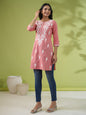 Janasya Straight Cambric Beige Embroidered Round Neck Tunic