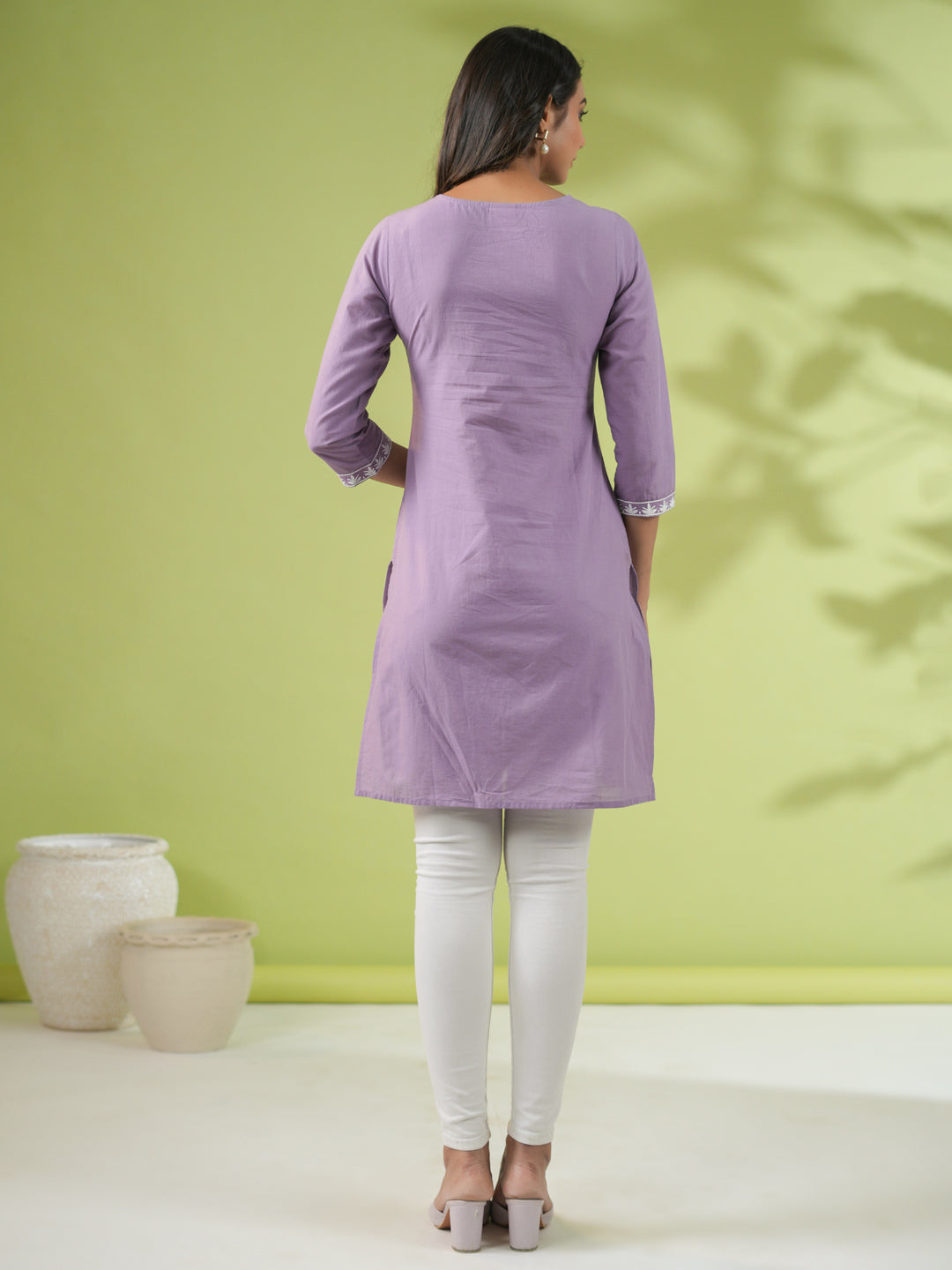 Janasya Lavender Cambric Embroidered Tunic