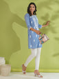 Janasya Straight Cambric Blue Embroidered Round Neck Tunic