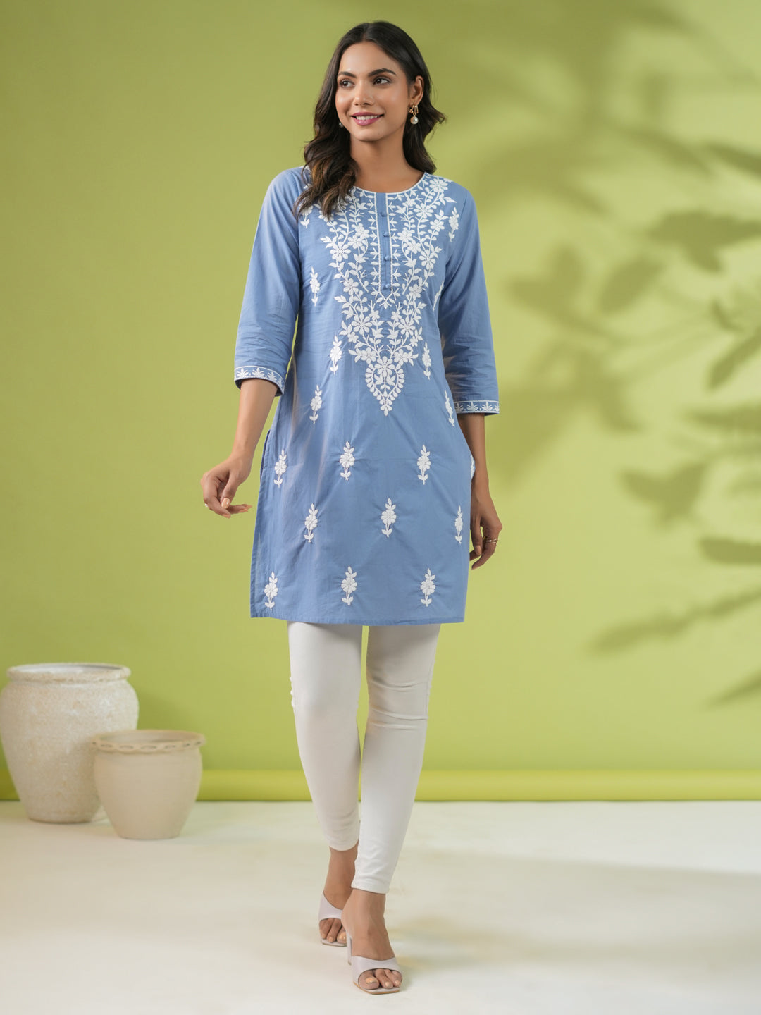 Janasya Blue Cambric Embroidered Tunic