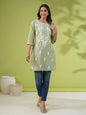 Janasya Regular Cambric Sage Embroidered Round Neck Tunic