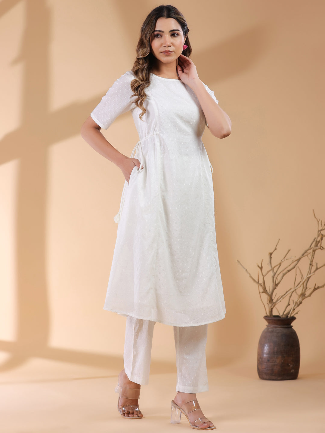 Janasya Light Dobby Cotton Self Design A-Line Kurta Set