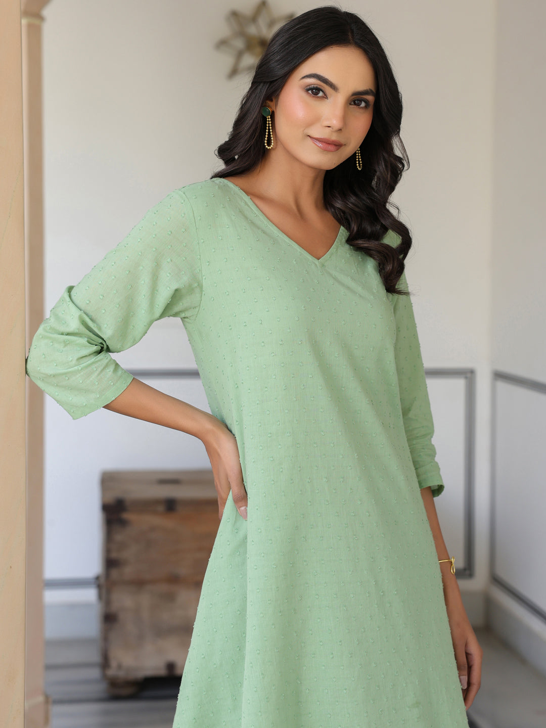 Janasya Light Dobby Cotton Self Design A-Line Top & Bottom Set