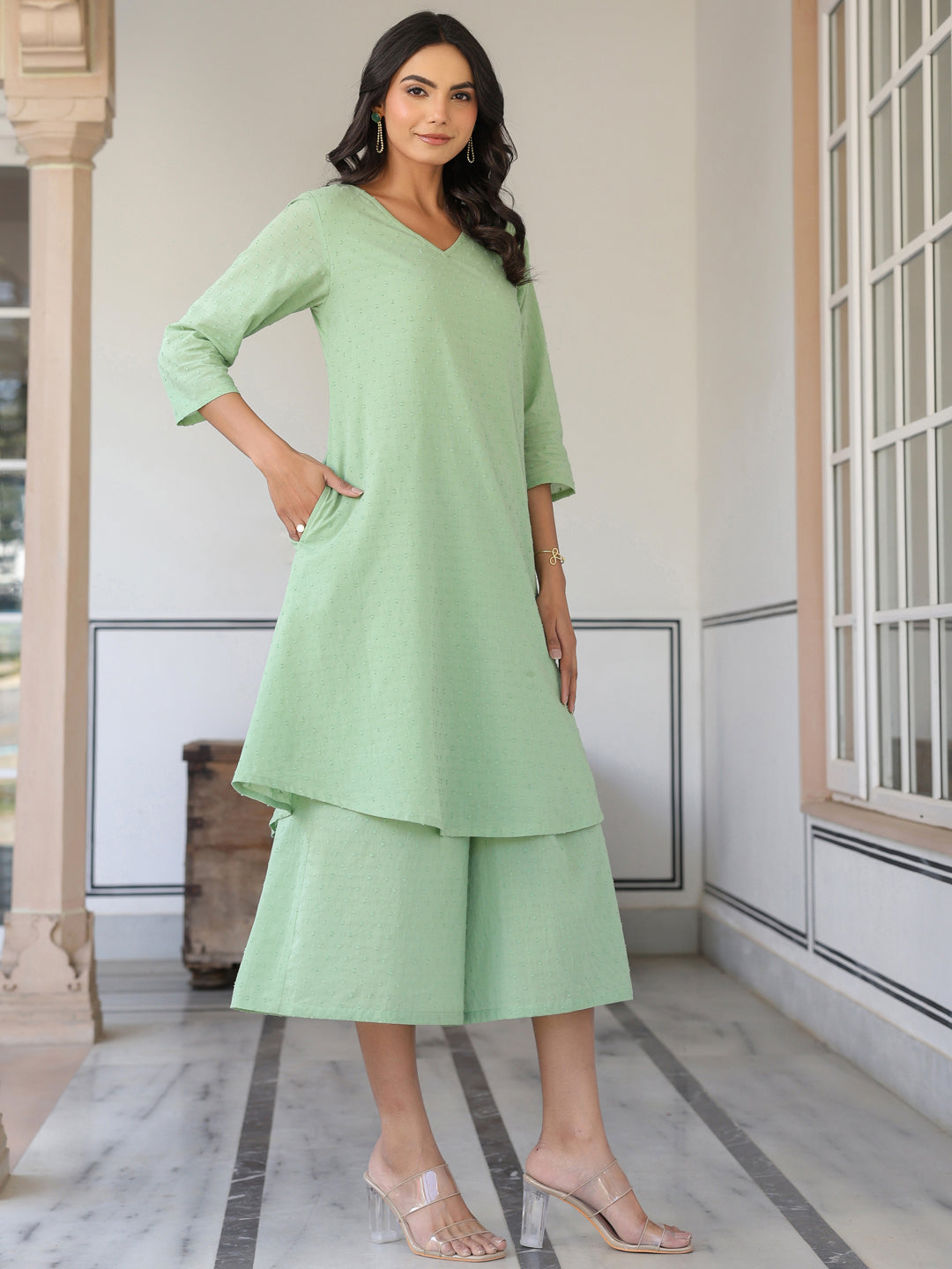 Janasya Light Dobby Cotton Self Design A-Line Top & Bottom Set