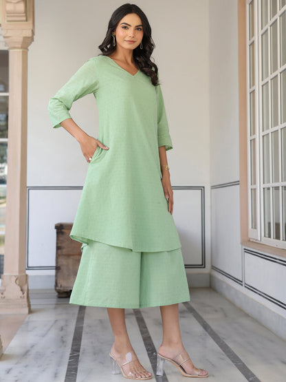 Janasya Light Dobby Cotton Self Design A-Line Top & Bottom Set