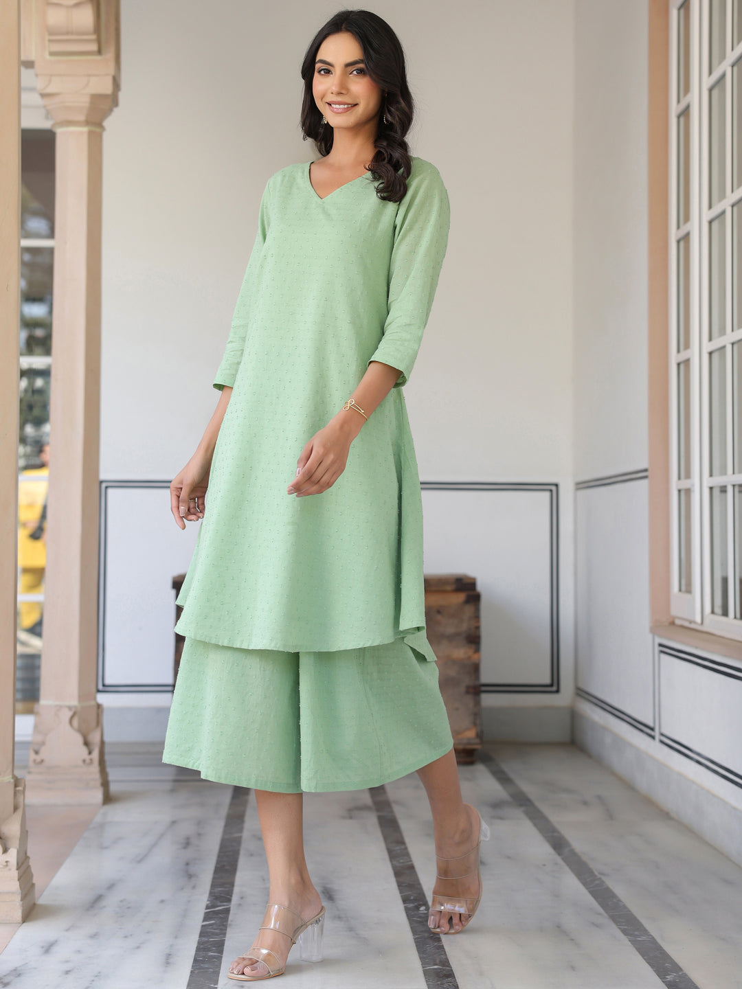 Janasya Light Dobby Cotton Self Design A-Line Top & Bottom Set