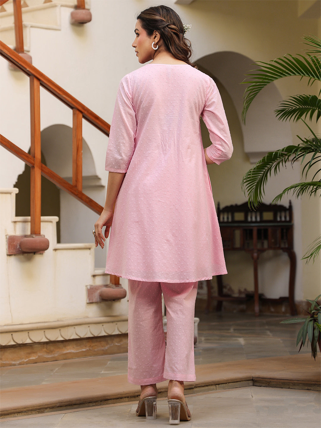 Janasya Light Dobby Cotton Self Design A-Line Top & Bottom Set