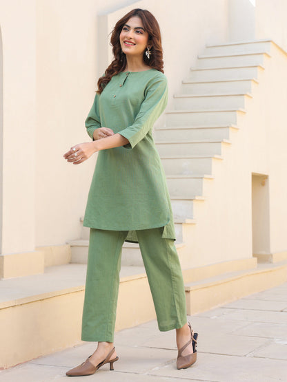 Janasya Dark Cotton Solid A-Line Top & Bottom Set