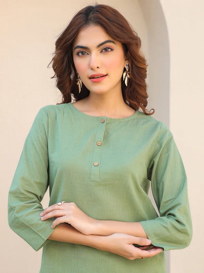 Janasya Dark Cotton Solid A-Line Top & Bottom Set