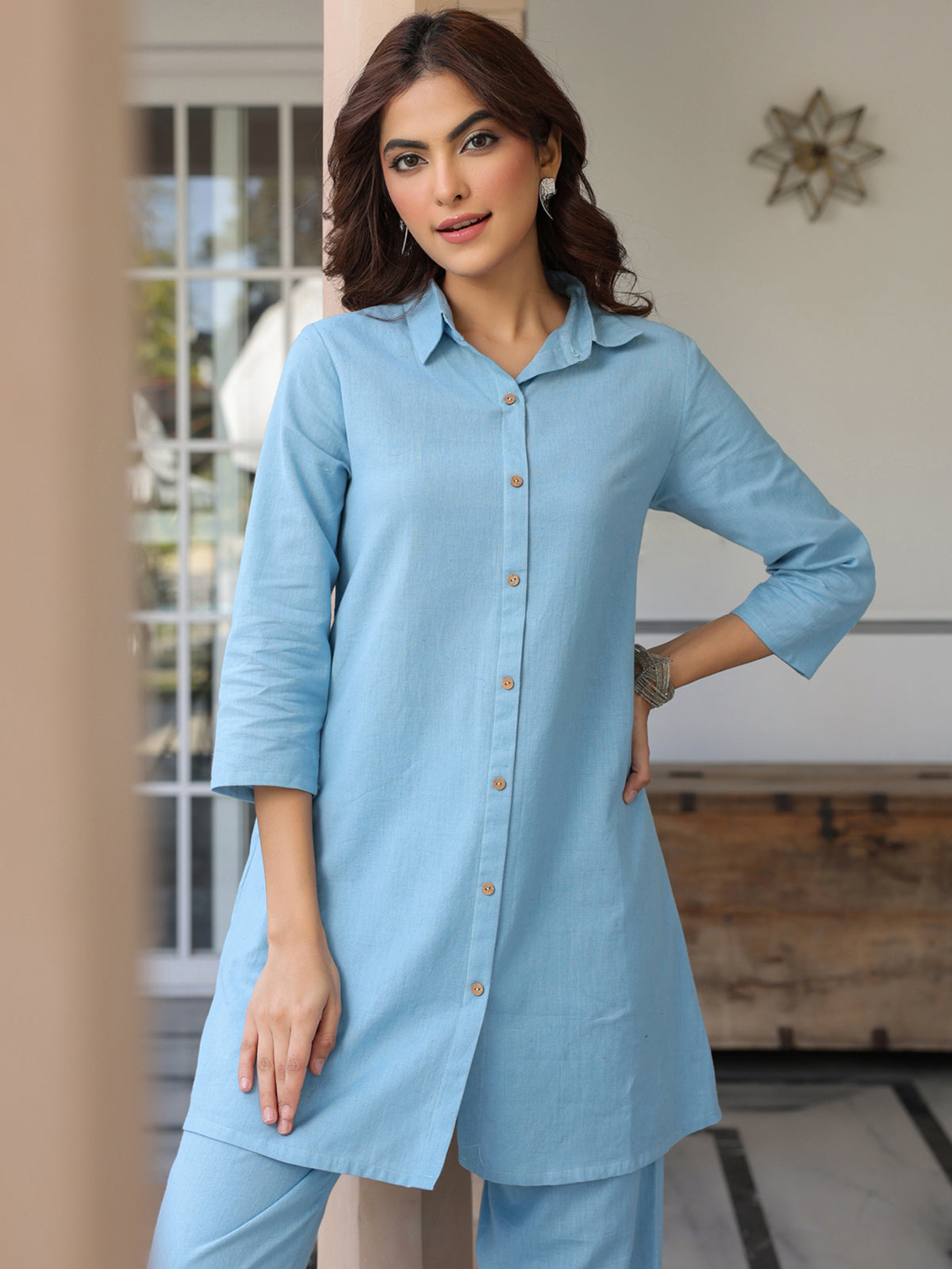 Janasya Light Cotton Solid Straight Top & Bottom Set