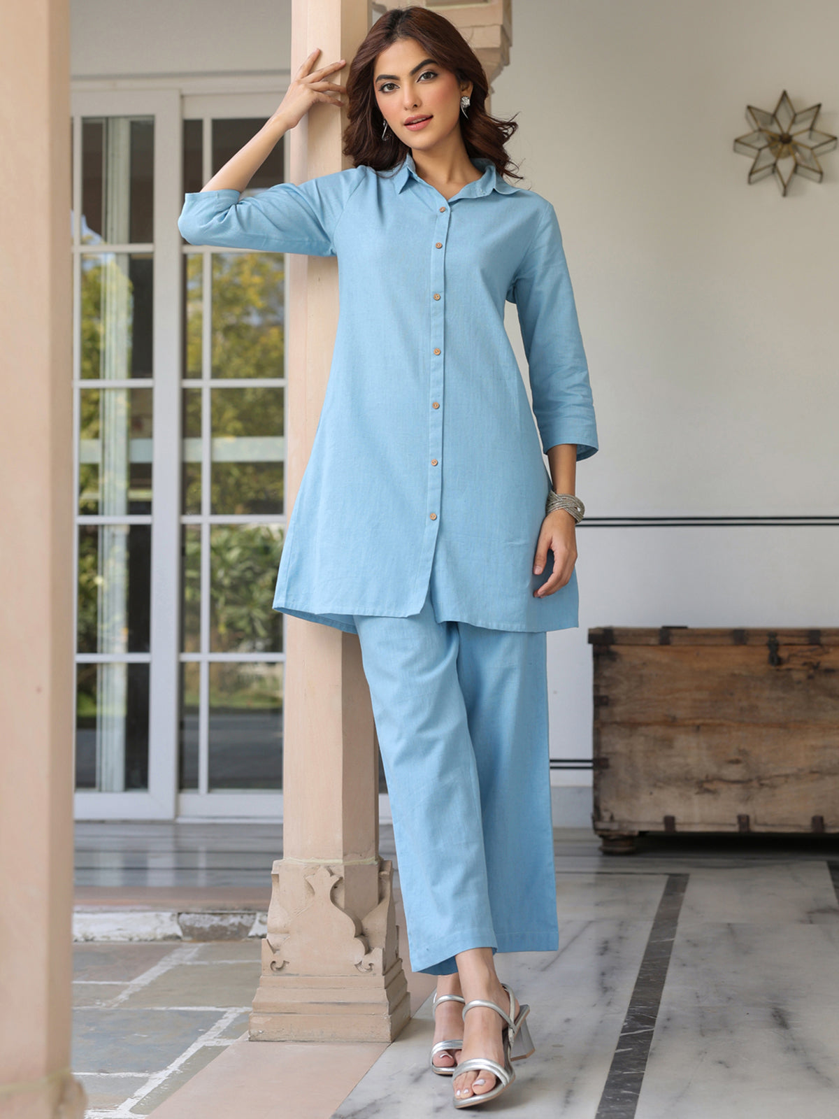 Janasya Light Cotton Solid Straight Top & Bottom Set
