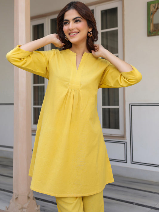Janasya Bright Cotton Solid A-Line Top & Bottom Set